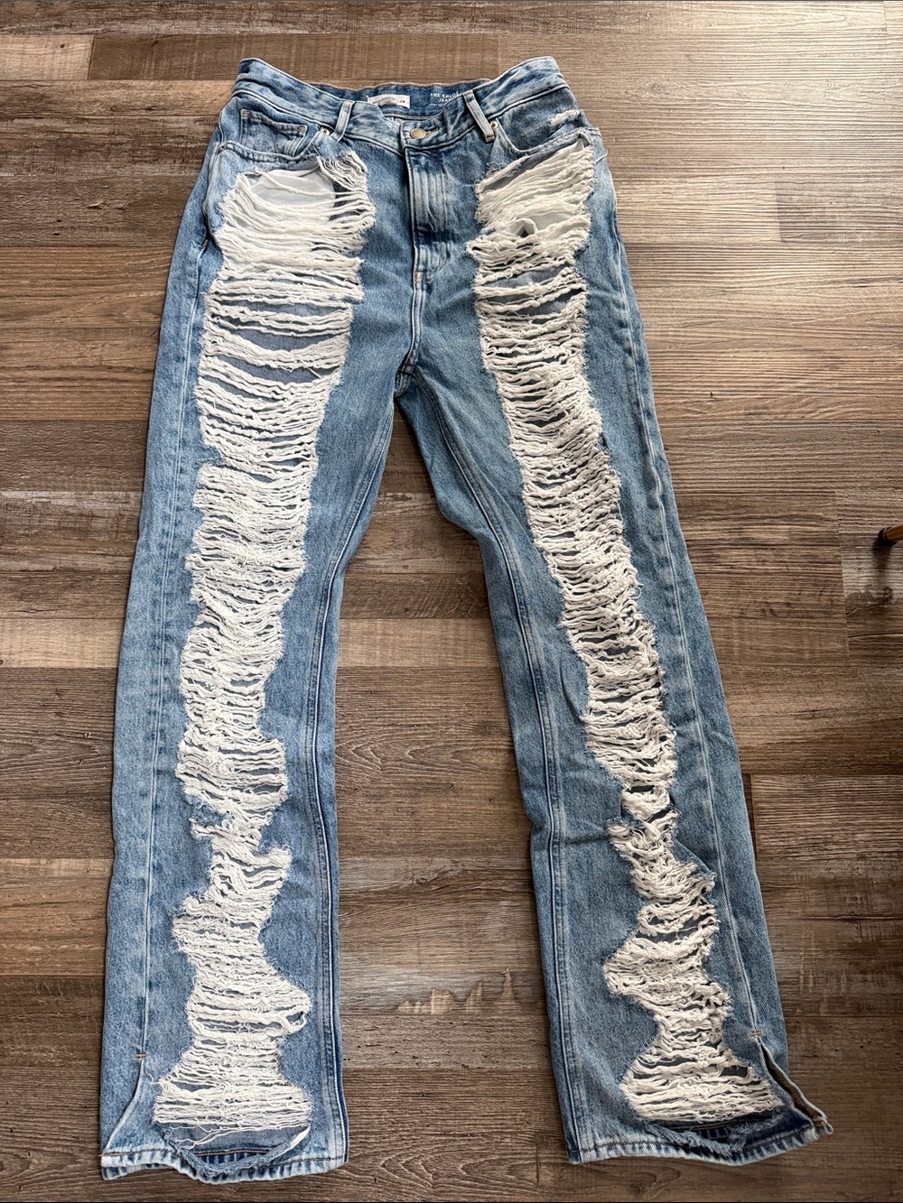 Good American Light Blue Distressed Wide Leg Jeans with Heavy Fraying